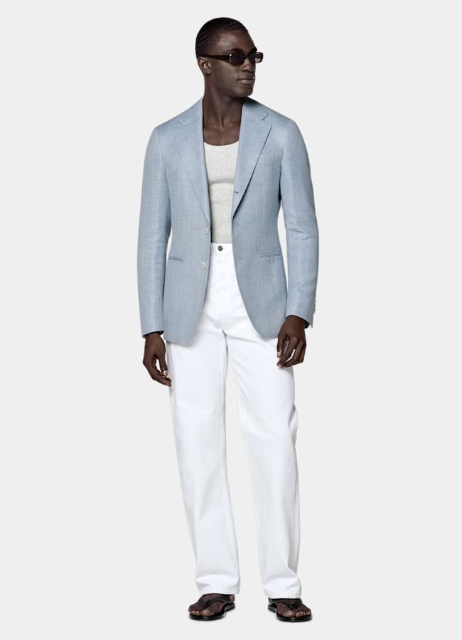 SUITSUPPLY Summer Wool Silk Linen Cashmere by E.Thomas, Italy Light Blue Tailored Fit Havana Blazer