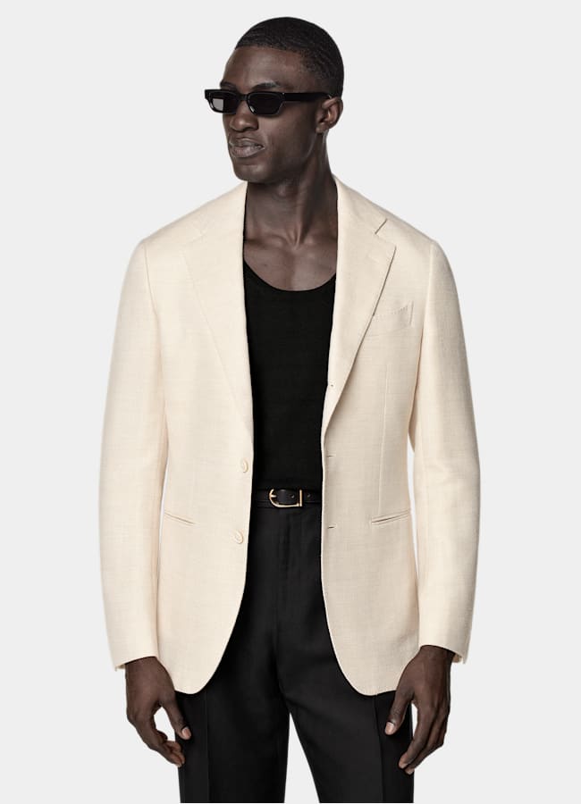 SUITSUPPLY Summer Wool Silk Linen Cashmere by E.Thomas, Italy Sand Tailored Fit Havana Blazer