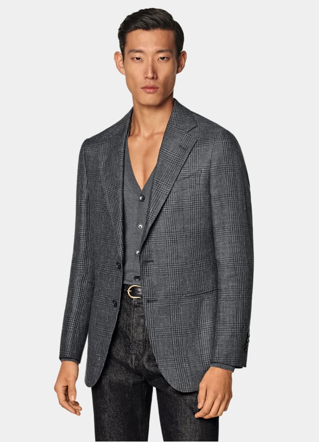 SUITSUPPLY Summer Linen Wool by Drago, Italy Dark Grey Checked Tailored Fit Havana Blazer
