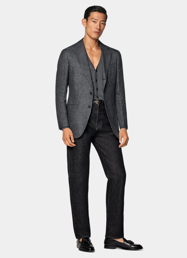 SUITSUPPLY Summer Linen Wool by Drago, Italy Dark Grey Checked Tailored Fit Havana Blazer