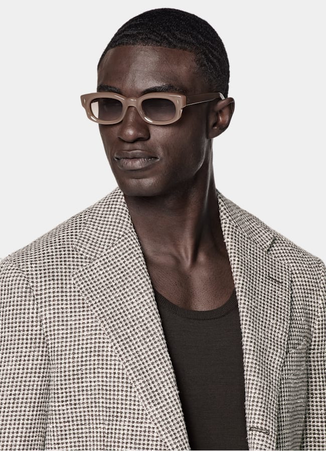 SUITSUPPLY Summer Linen Silk Cotton Blend by Ferla, Italy Mid Brown Checked Relaxed Fit Roma Blazer