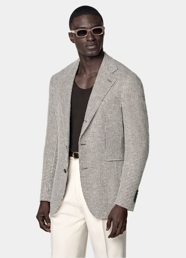 SUITSUPPLY Summer Linen Silk Cotton Blend by Ferla, Italy Mid Brown Checked Relaxed Fit Roma Blazer