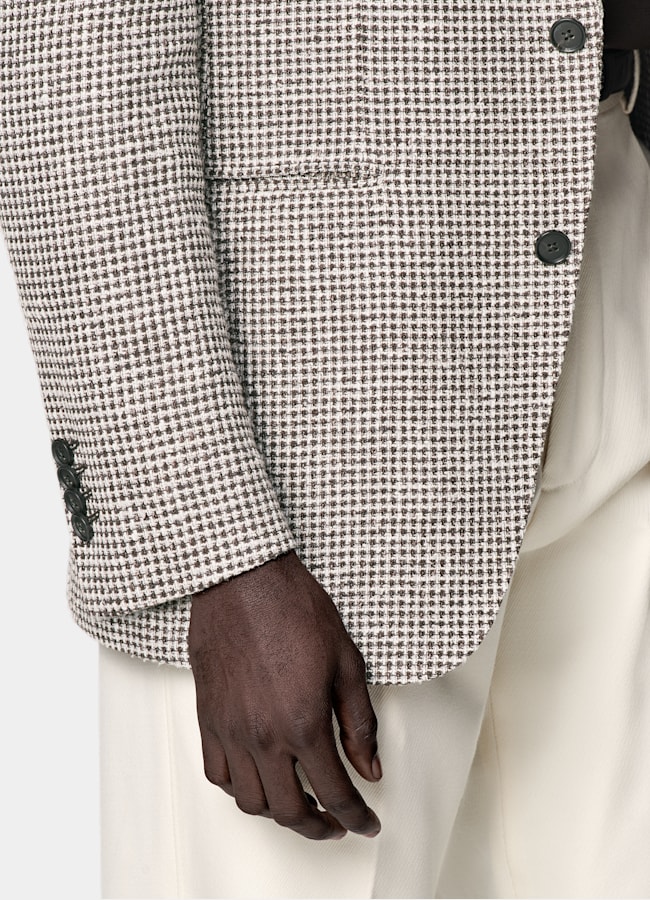 SUITSUPPLY Summer Linen Silk Cotton Blend by Ferla, Italy Mid Brown Checked Relaxed Fit Roma Blazer