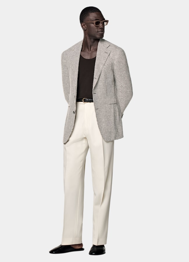 SUITSUPPLY Summer Linen Silk Cotton Blend by Ferla, Italy Mid Brown Checked Relaxed Fit Roma Blazer