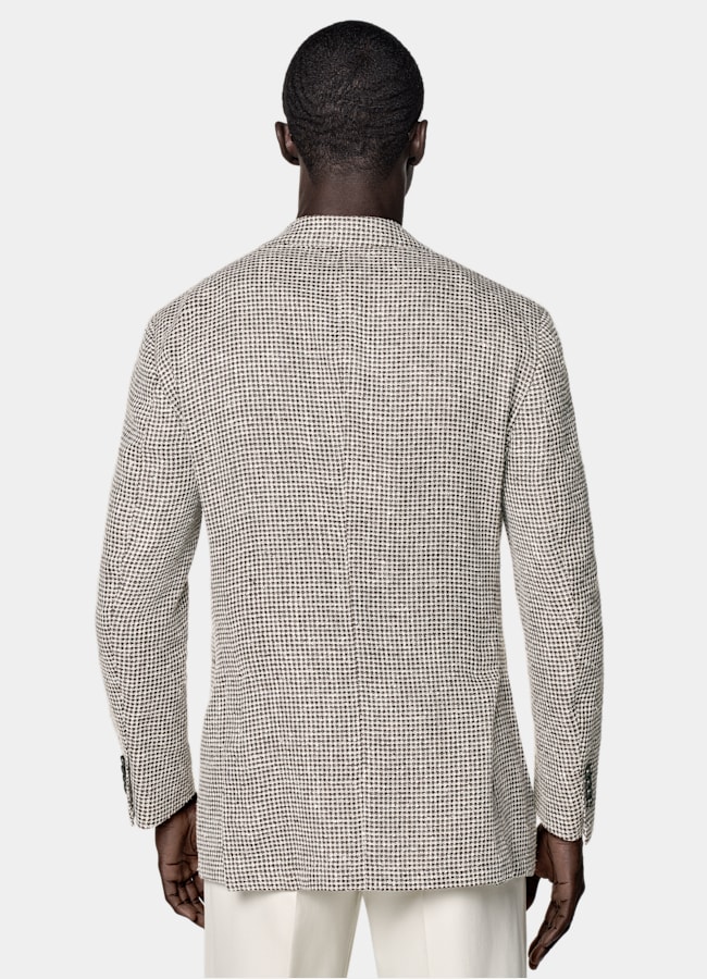 SUITSUPPLY Summer Linen Silk Cotton Blend by Ferla, Italy Mid Brown Checked Relaxed Fit Roma Blazer