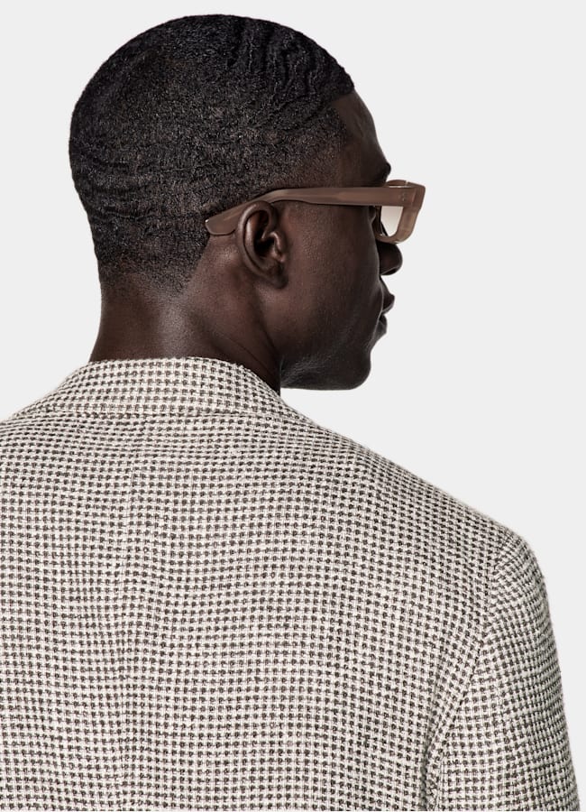 SUITSUPPLY Summer Linen Silk Cotton Blend by Ferla, Italy Mid Brown Checked Relaxed Fit Roma Blazer