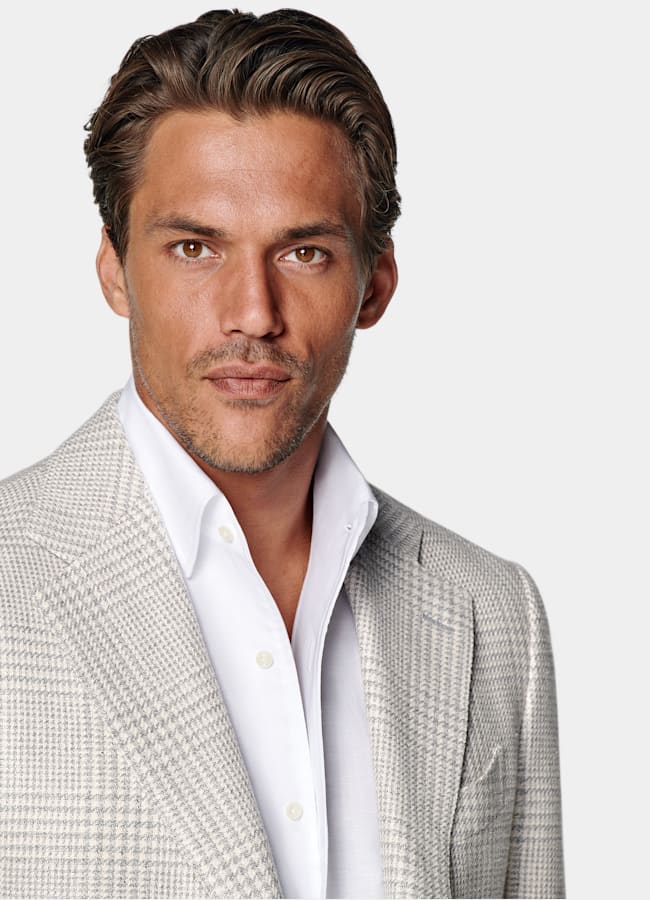 SUITSUPPLY Summer Linen Silk Wool Cotton by Ferla, Italy Light Grey Checked Relaxed Fit Roma Blazer