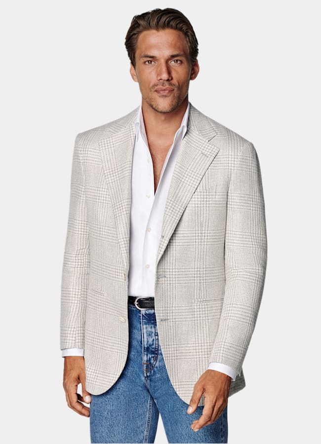 SUITSUPPLY Summer Linen Silk Wool Cotton by Ferla, Italy Light Grey Checked Relaxed Fit Roma Blazer