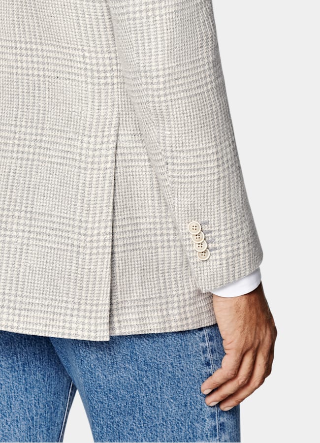 SUITSUPPLY Summer Linen Silk Wool Cotton by Ferla, Italy Light Grey Checked Relaxed Fit Roma Blazer