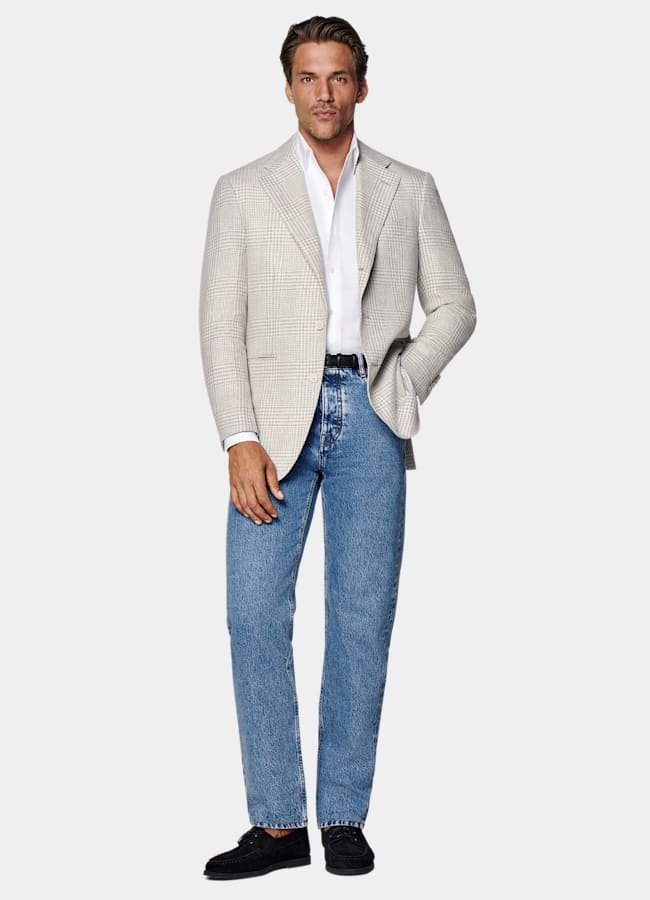 SUITSUPPLY Summer Linen Silk Wool Cotton by Ferla, Italy Light Grey Checked Relaxed Fit Roma Blazer