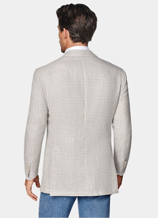 SUITSUPPLY Summer Linen Silk Wool Cotton by Ferla, Italy Light Grey Checked Relaxed Fit Roma Blazer