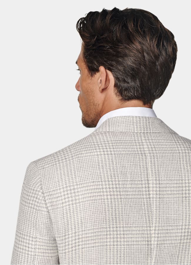 SUITSUPPLY Summer Linen Silk Wool Cotton by Ferla, Italy Light Grey Checked Relaxed Fit Roma Blazer