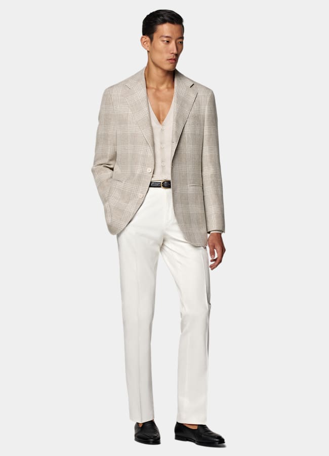 SUITSUPPLY Verano Lino, seda, lana y algodón de Ferla, Italia Blazer Roma arena a cuadros corte Relaxed