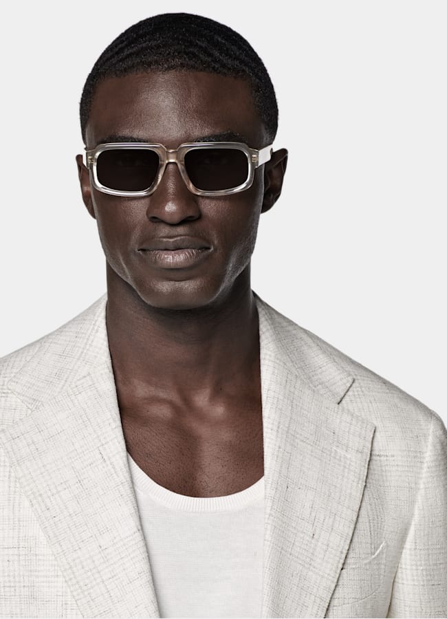 SUITSUPPLY Summer Linen Cotton Blend by Ferla, Italy Light Grey Checked Relaxed Fit Roma Blazer