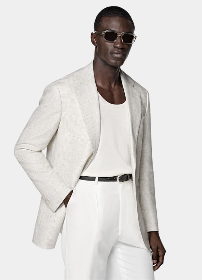 SUITSUPPLY Summer Linen Cotton Blend by Ferla, Italy Light Grey Checked Relaxed Fit Roma Blazer