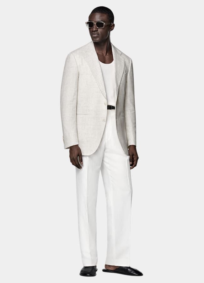 SUITSUPPLY Summer Linen Cotton Blend by Ferla, Italy Light Grey Checked Relaxed Fit Roma Blazer