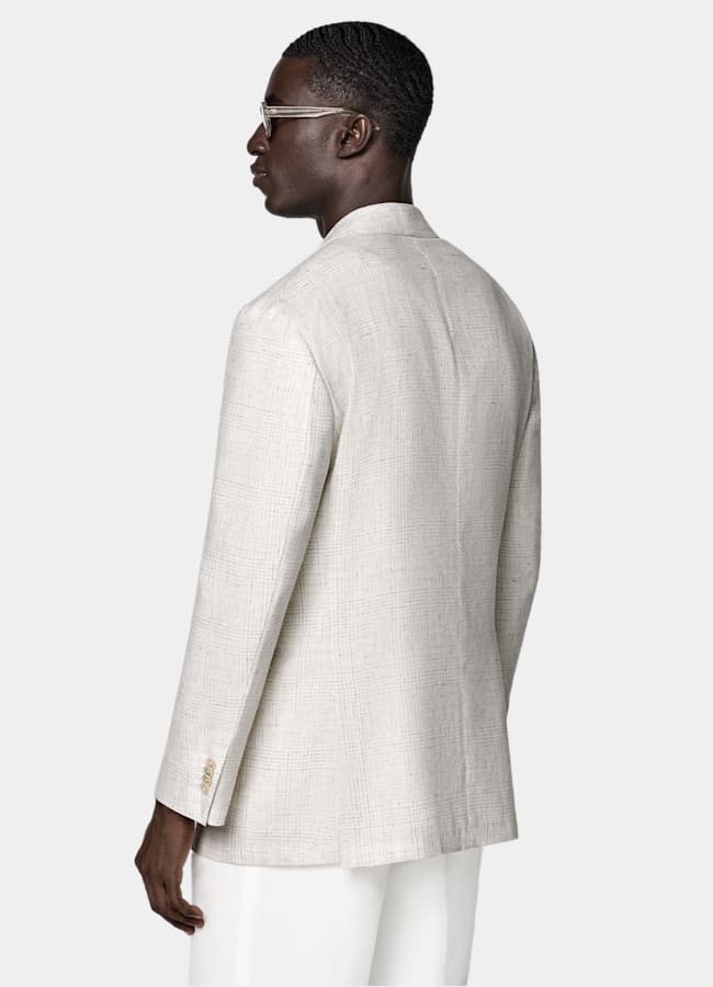 SUITSUPPLY Summer Linen Cotton Blend by Ferla, Italy Light Grey Checked Relaxed Fit Roma Blazer