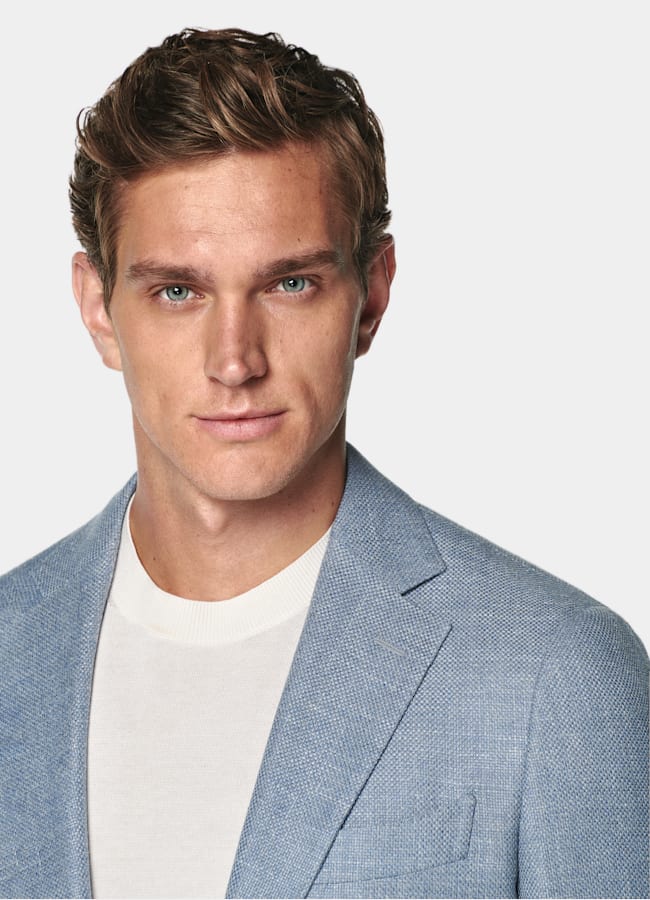 SUITSUPPLY Summer Wool Silk Linen Cashmere by E.Thomas, Italy Light Blue Tailored Fit Havana Blazer