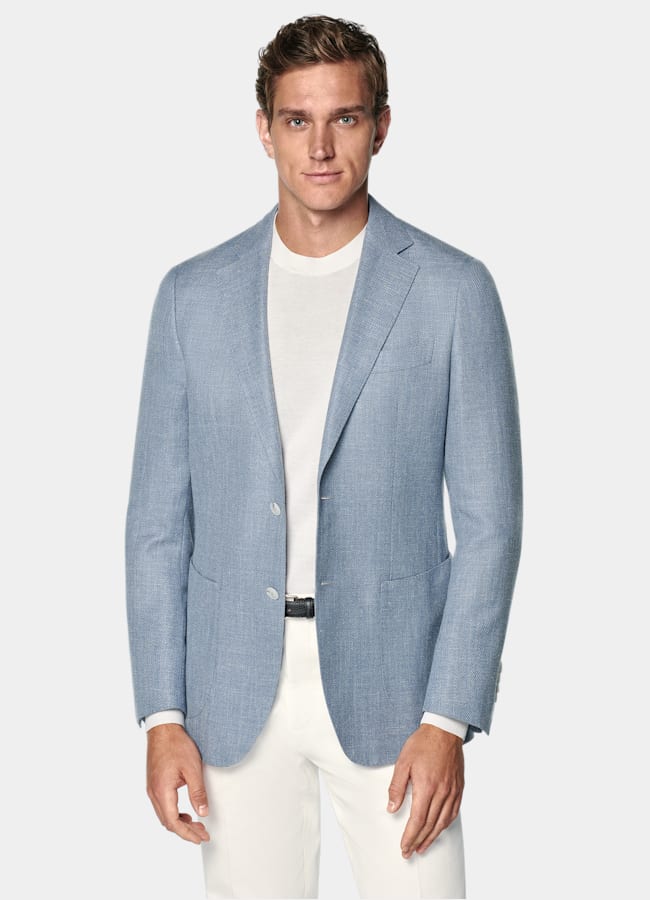 SUITSUPPLY Summer Wool Silk Linen Cashmere by E.Thomas, Italy Light Blue Tailored Fit Havana Blazer