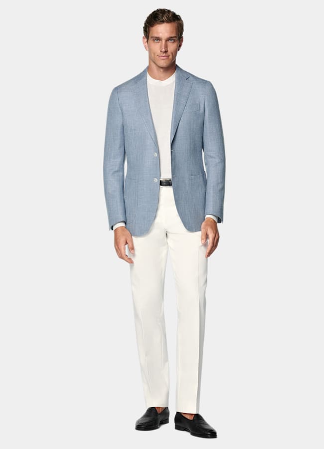 SUITSUPPLY Summer Wool Silk Linen Cashmere by E.Thomas, Italy Light Blue Tailored Fit Havana Blazer