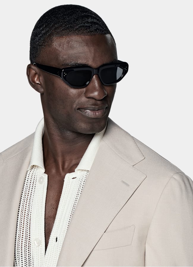 SUITSUPPLY All Season Wrinkle-Free 4-Ply Wool by Rogna, Italy Light Taupe Relaxed Fit Roma Suit Jacket