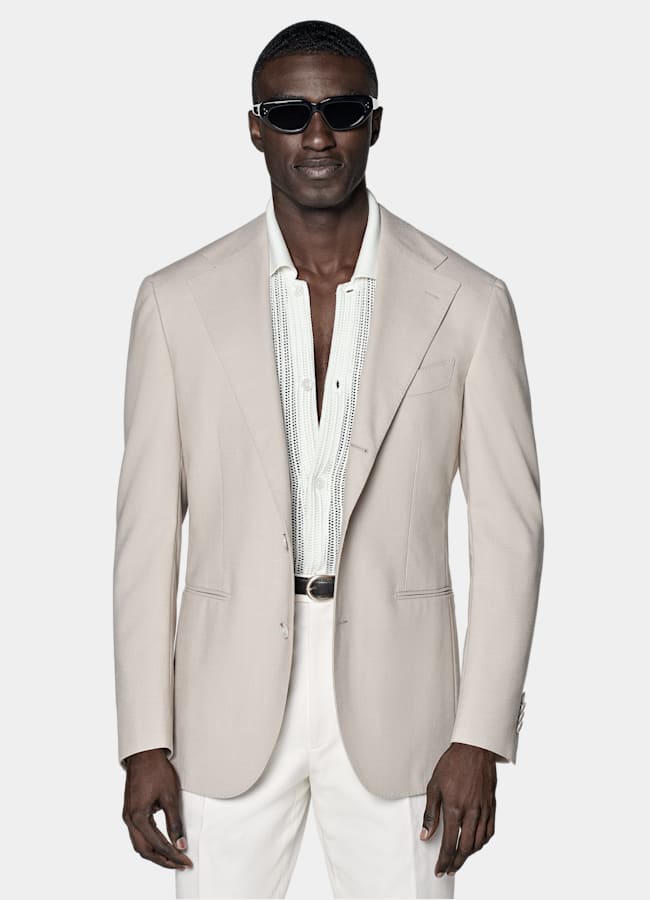 SUITSUPPLY All Season Wrinkle-Free 4-Ply Wool by Rogna, Italy Light Taupe Relaxed Fit Roma Suit Jacket