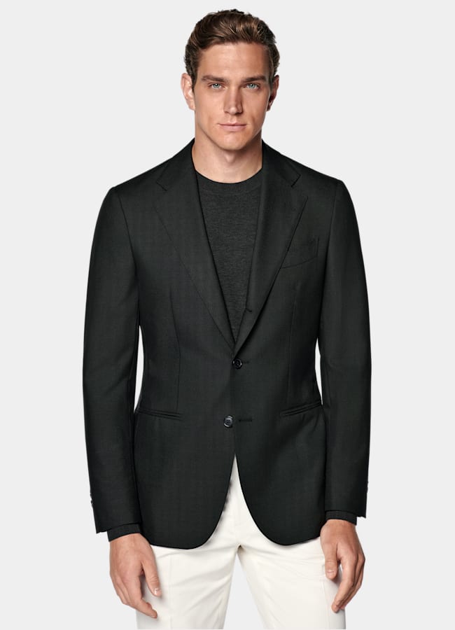 SUITSUPPLY All Season Wrinkle-Free 4-Ply Wool by Rogna, Italy Dark Green Tailored Fit Havana Suit Jacket