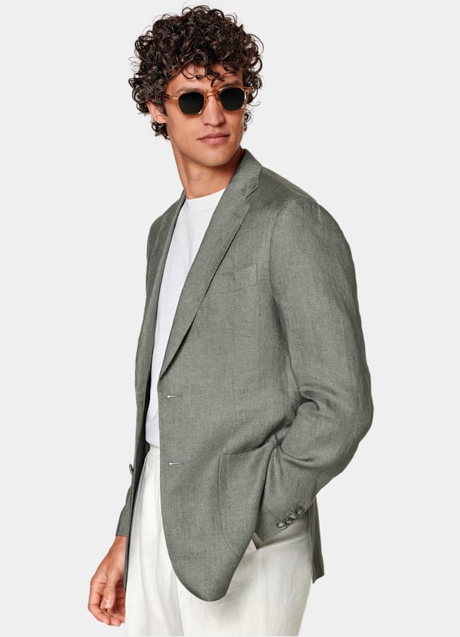 SUITSUPPLY Summer Pure Linen by Solbiati, Italy Mid Green Tailored Fit Havana Suit Jacket