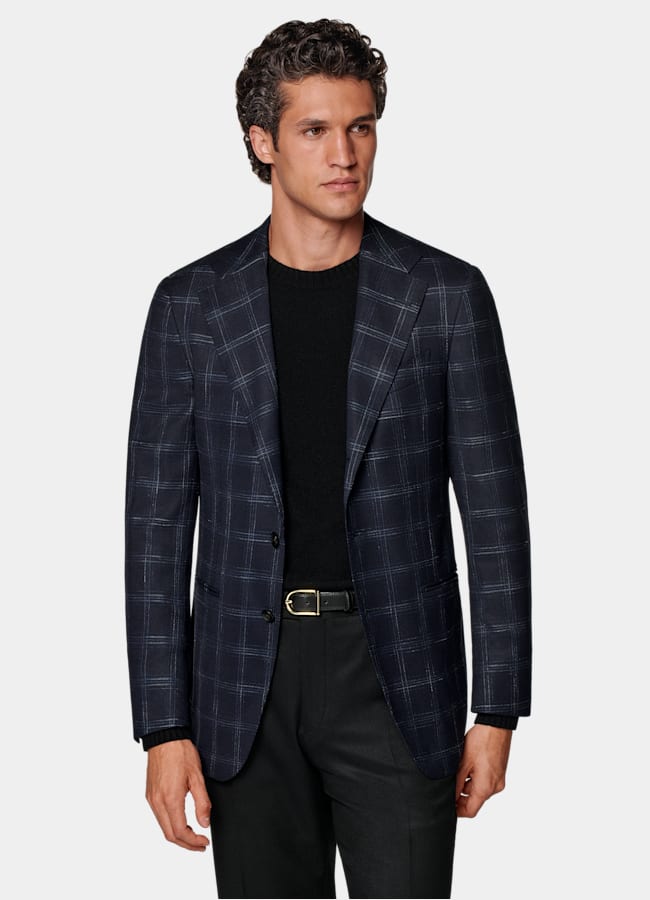 SUITSUPPLY Summer Stretch Wool Blend by Reda, Italy Navy Checked Tailored Fit Havana Blazer