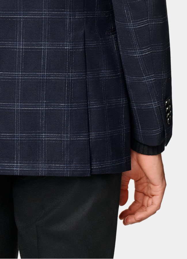 SUITSUPPLY Summer Stretch Wool Blend by Reda, Italy Navy Checked Tailored Fit Havana Blazer