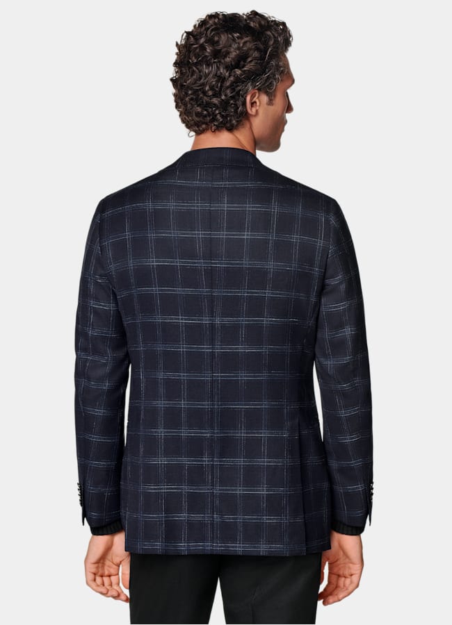SUITSUPPLY Summer Stretch Wool Blend by Reda, Italy Navy Checked Tailored Fit Havana Blazer