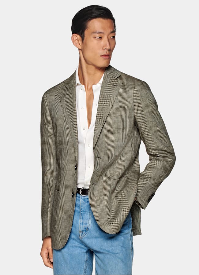 SUITSUPPLY Summer Pure Linen by Baird McNutt, United Kingdom Mid Brown Checked Tailored Fit Havana Blazer