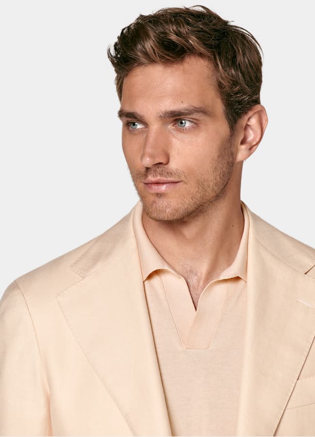 SUITSUPPLY All season Schurwolle Seide Leinen von Rogna, Italien Roma Sakko hellpink Fischgrätmuster Relaxed Fit