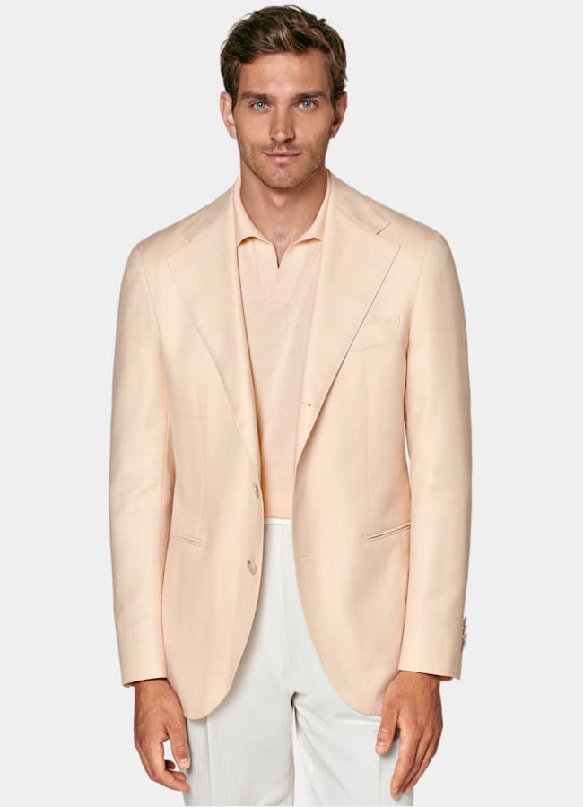 SUITSUPPLY All season Schurwolle Seide Leinen von Rogna, Italien Roma Sakko hellpink Fischgrätmuster Relaxed Fit