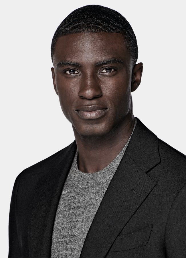 SUITSUPPLY All Season Wrinkle-Free 4-Ply Wool by Rogna, Italy Black Tailored Fit Havana Suit Jacket