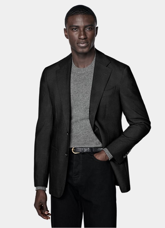 SUITSUPPLY All Season Wrinkle-Free 4-Ply Wool by Rogna, Italy Black Tailored Fit Havana Suit Jacket