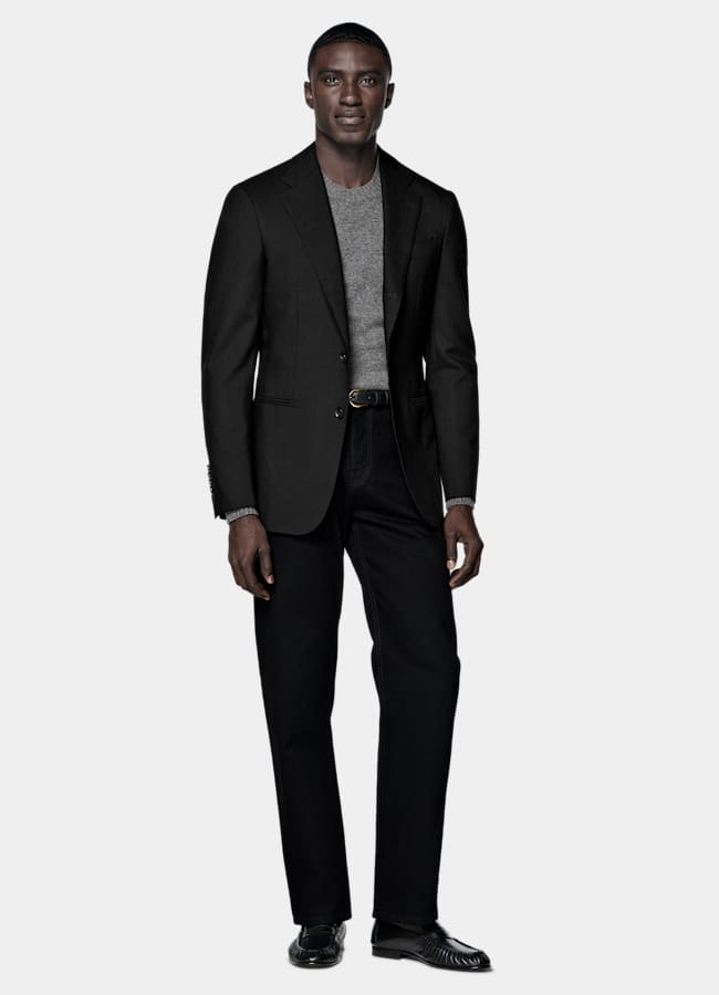 SUITSUPPLY All Season Wrinkle-Free 4-Ply Wool by Rogna, Italy Black Tailored Fit Havana Suit Jacket