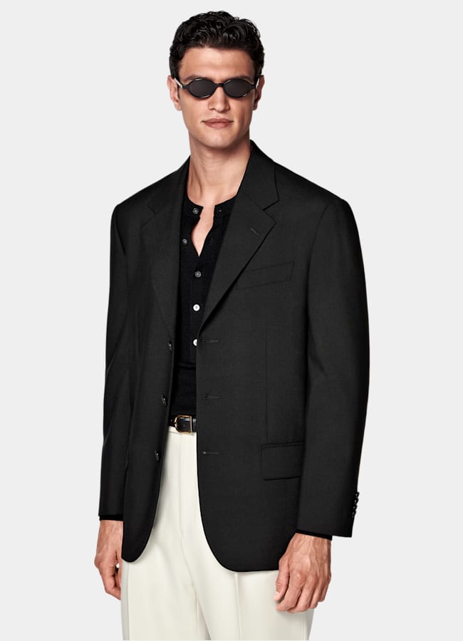 SUITSUPPLY All Season Wrinkle-Free 4-Ply Wool by Rogna, Italy Black Relaxed Fit Roma Suit Jacket