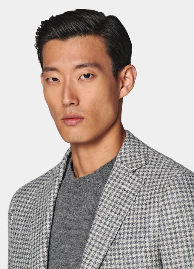 SUITSUPPLY Winter Wool Alpaca Silk Linen Polyamide by Ferla, Italy Mid Grey Houndstooth Tailored Fit Havana Blazer