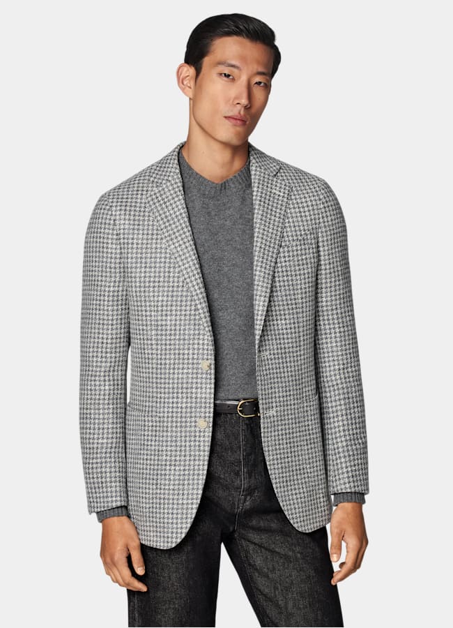 SUITSUPPLY Winter Wool Alpaca Silk Linen Polyamide by Ferla, Italy Mid Grey Houndstooth Tailored Fit Havana Blazer