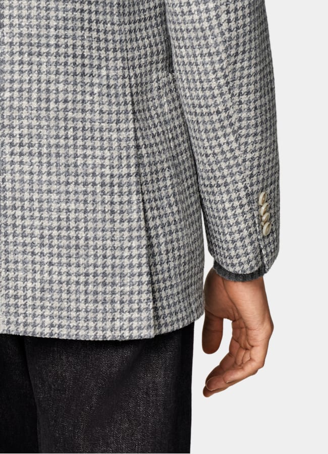 SUITSUPPLY Winter Wool Alpaca Silk Linen Polyamide by Ferla, Italy Mid Grey Houndstooth Tailored Fit Havana Blazer
