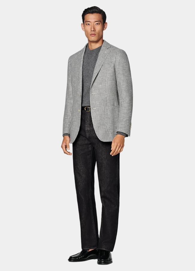 SUITSUPPLY Winter Wool Alpaca Silk Linen Polyamide by Ferla, Italy Mid Grey Houndstooth Tailored Fit Havana Blazer