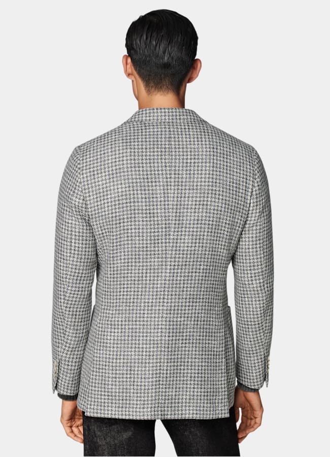 SUITSUPPLY Winter Wool Alpaca Silk Linen Polyamide by Ferla, Italy Mid Grey Houndstooth Tailored Fit Havana Blazer