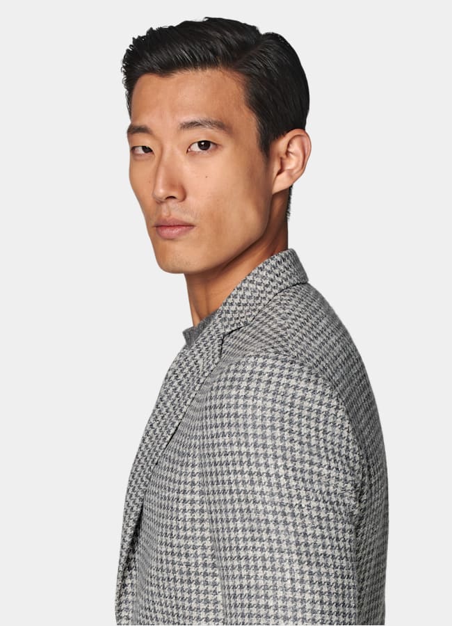 SUITSUPPLY Winter Wool Alpaca Silk Linen Polyamide by Ferla, Italy Mid Grey Houndstooth Tailored Fit Havana Blazer