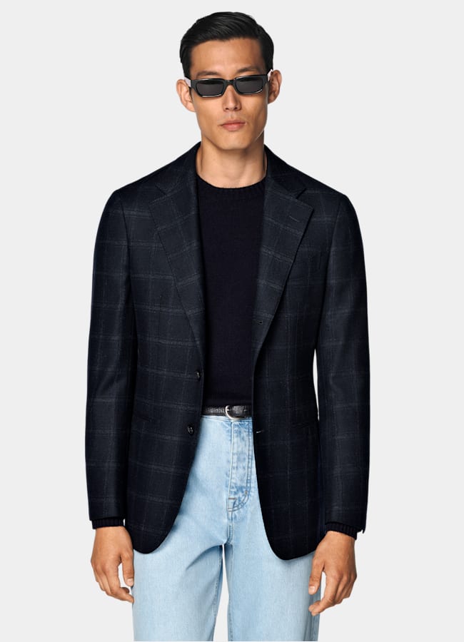 SUITSUPPLY Winter Wool Cashmere by E.Thomas, Italy Navy Checked Tailored Fit Havana Blazer