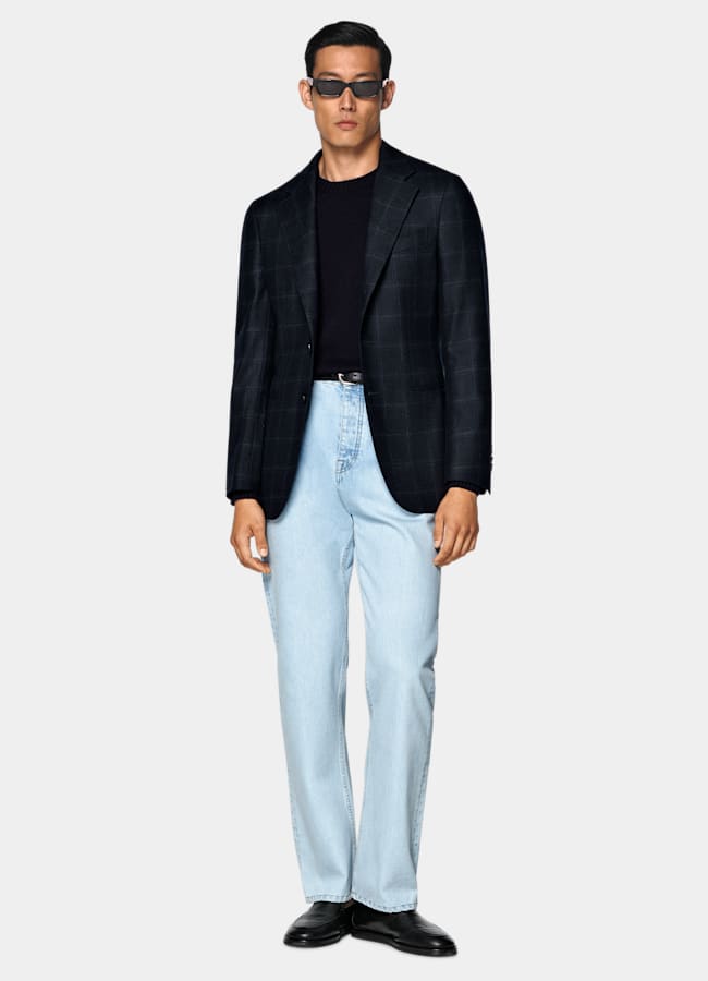 SUITSUPPLY Winter Wool Cashmere by E.Thomas, Italy Navy Checked Tailored Fit Havana Blazer