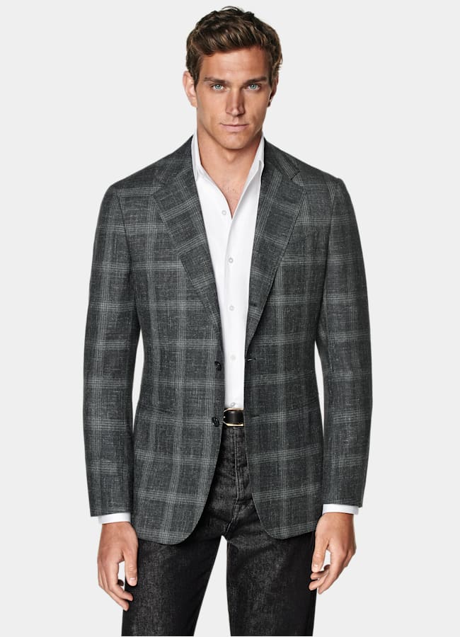 SUITSUPPLY All season Laine, soie et lin par Carlo Barbera, Italie Blazer Havana coupe Tailored gris à carreaux
