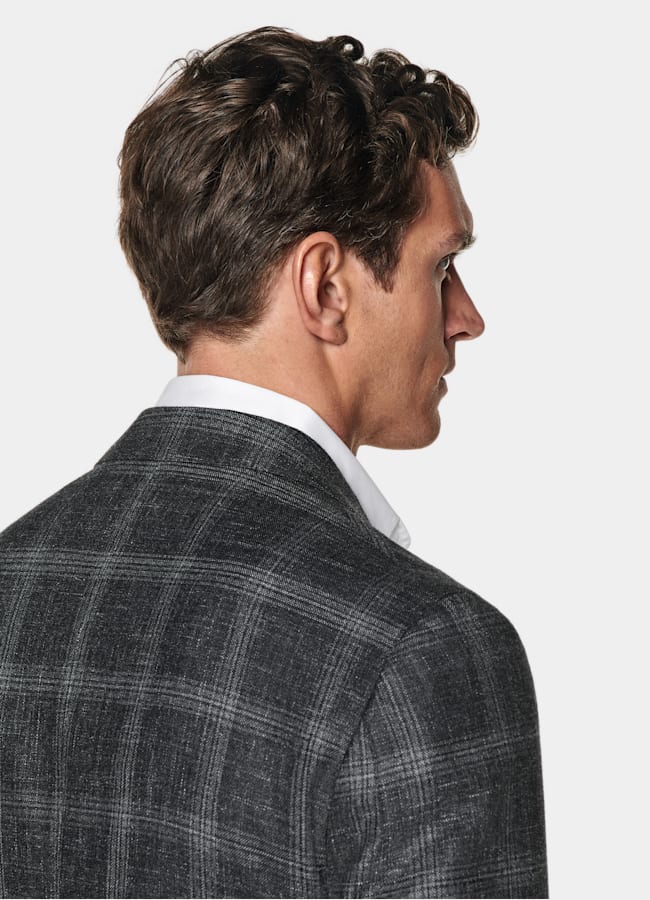 SUITSUPPLY All season Laine, soie et lin par Carlo Barbera, Italie Blazer Havana coupe Tailored gris à carreaux