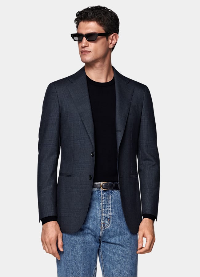 SUITSUPPLY All Season Wrinkle-Free Wool by Rogna, Italy Navy Checked Tailored Fit Havana Blazer