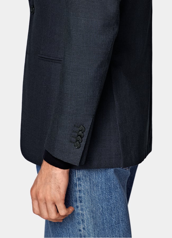 SUITSUPPLY All Season Wrinkle-Free Wool by Rogna, Italy Navy Checked Tailored Fit Havana Blazer